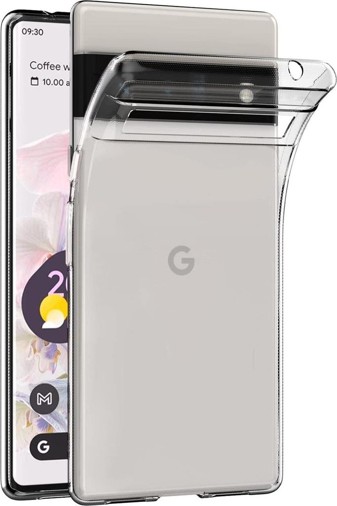 A clear phone case is shown over a Google Pixel phone.