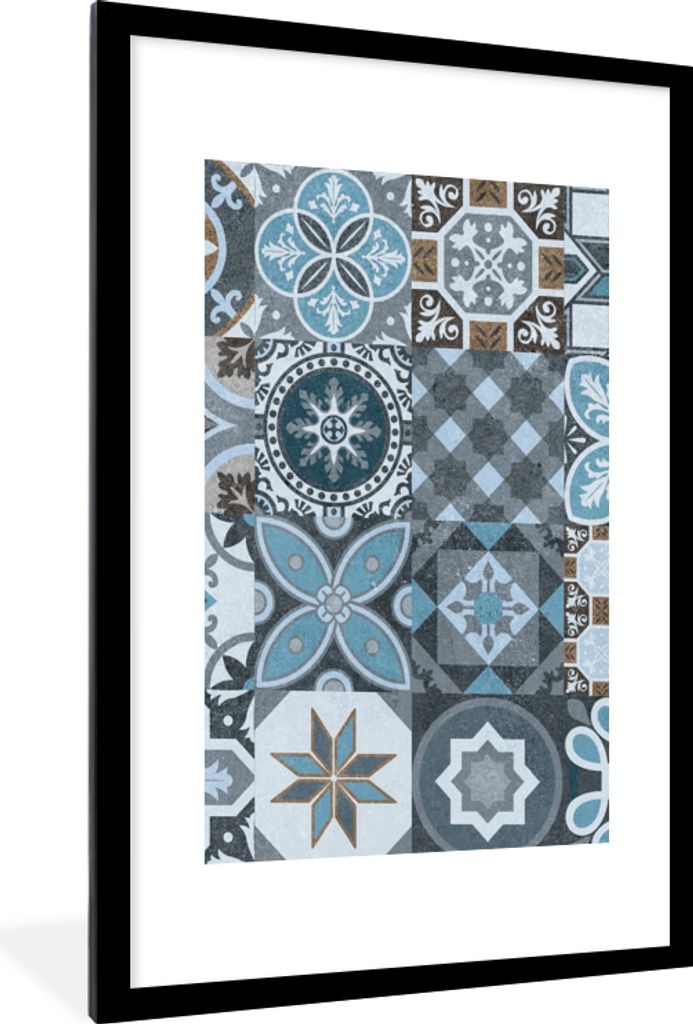 MuchoWow Gerahmtes Poster Design - Blume - Blau - Figuren 60x90 cm - Poster mit Schwarzem Bilderrahmen Wandposter Rahmen Foto Bilder - Dekoration...