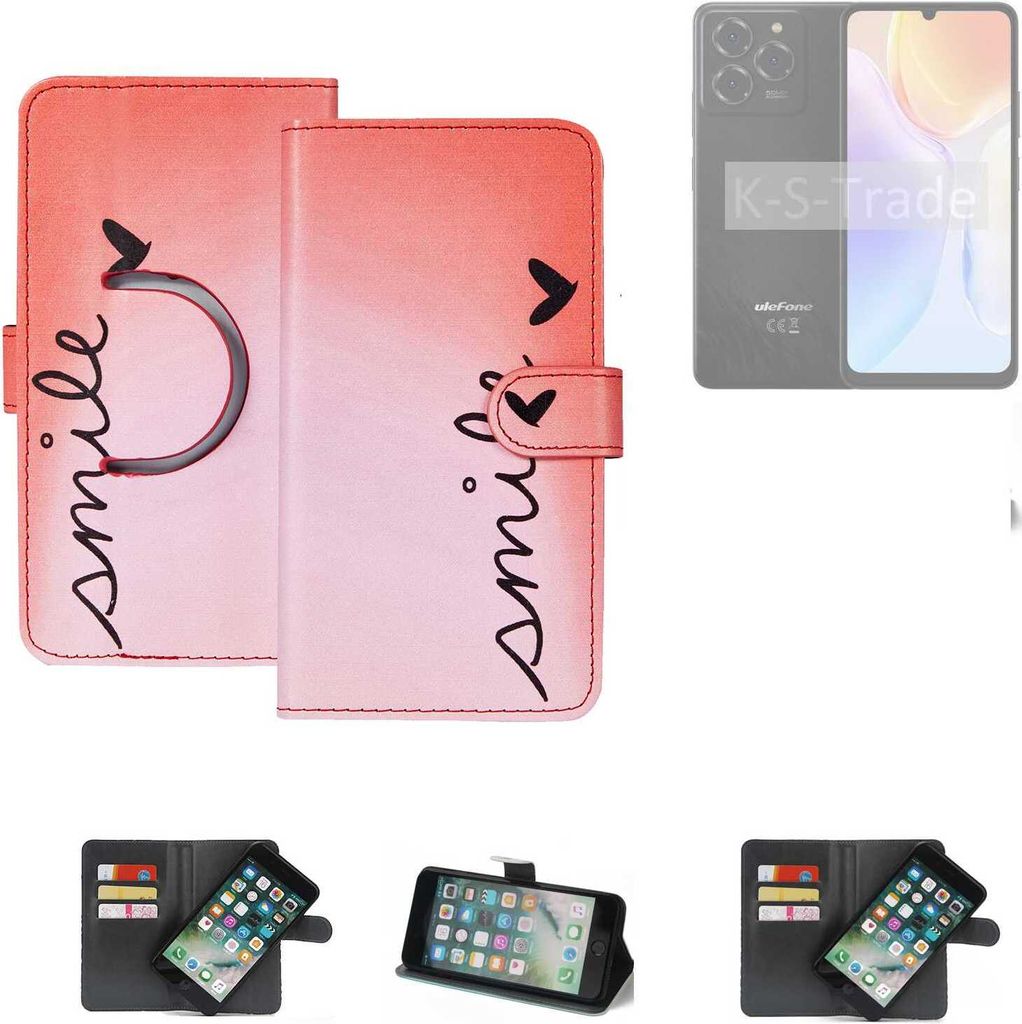 K-S-Trade Schutzhülle Handyhülle kompatibel mit Ulefone Note 20 Pro Hülle cover bookstyle Etui ''smile'' rot Standfunktion Kameraschutz (1Stk)