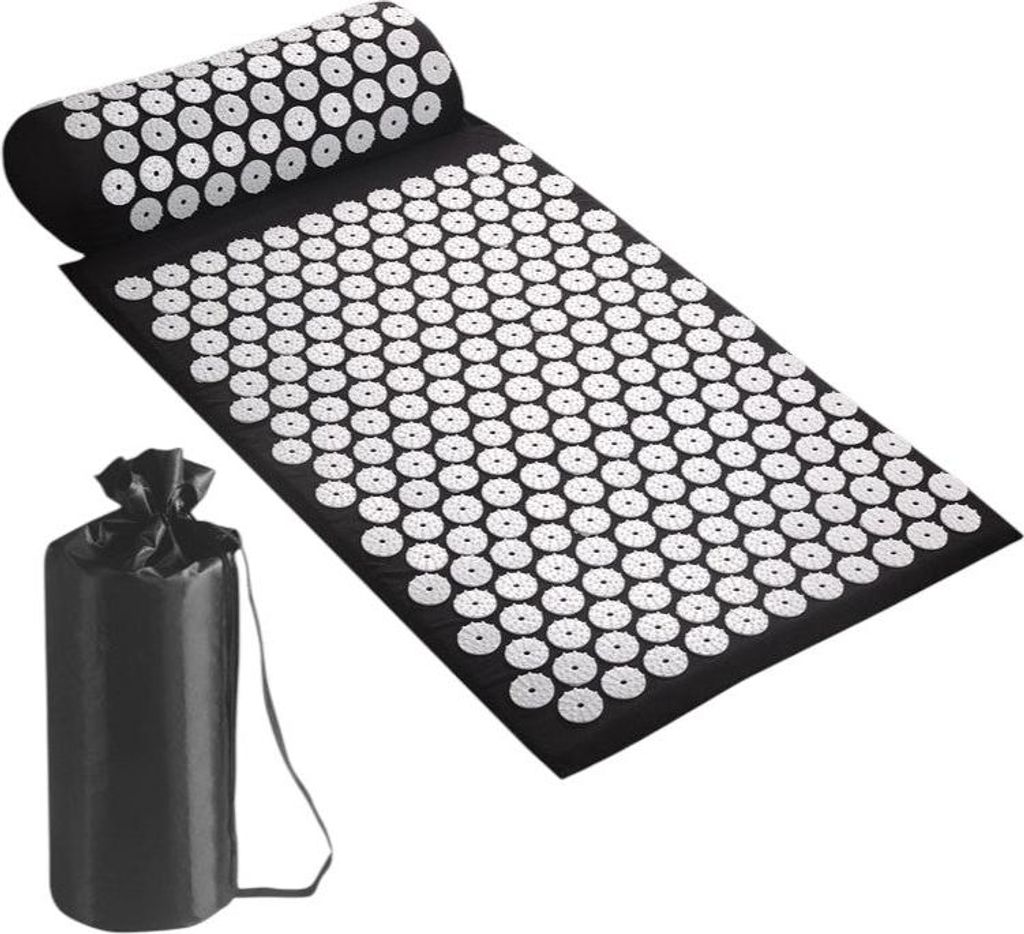 Akupressurmatte mit Kissen – 64x44 cm – Schwarz – Entspannungsmatte & Akupressur Bett – Inklusive ergonomisches Nackenkissen