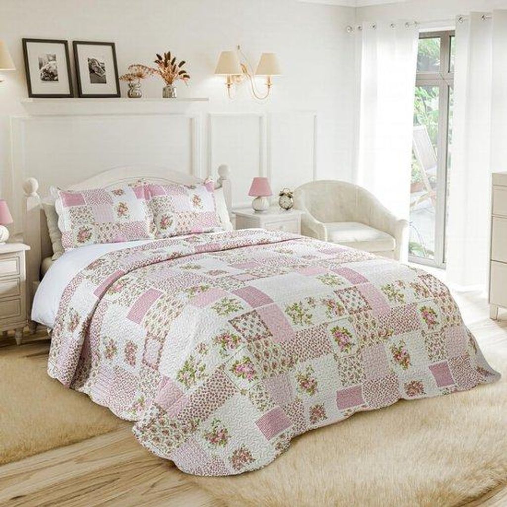 Famanu Gewatteerte Patchwork-Sprei Set - Rosa - Einzelbett - Stilvoll und Komfortabel