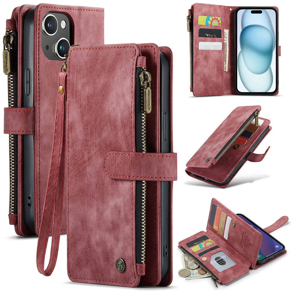 Custodia iPhone 15 Plus Portafoglio Rosso - Pelle PU e Chiusura Magnetica