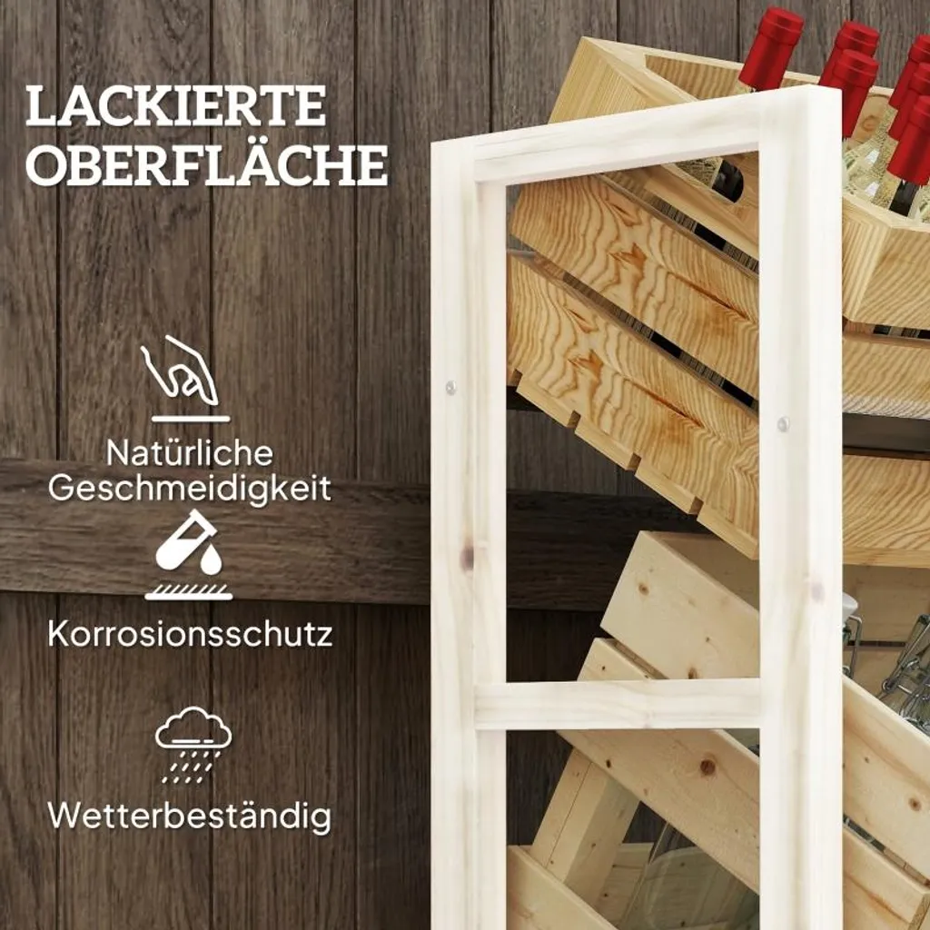 Fortuna Lai Scaffale per 3 casse di bevande Scaffale per bevande in legno Scaffale a 3 ripiani indipendente Supporto per casse di bevande con portata 150 kg Scaffale per birra, acqua 56 x 32 x 112 cm Legno naturale - 6
