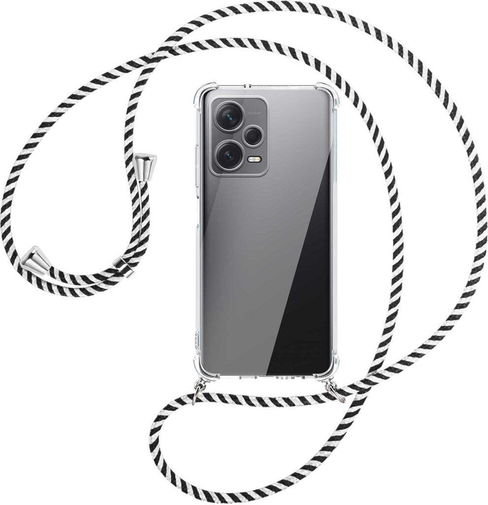 Handykette Backcover-Schutzhülle mit Band (Metall silberfarben) für Xiaomi Redmi Note 12 Pro Plus - schwarz/weiß gestreift