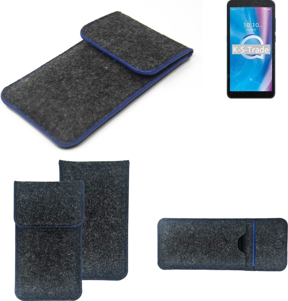K-S-Trade Handy-Hülle Schutz-Hülle kompatibel mit Alcatel 1B (2020) Filztasche Pouch Tasche Case Sleeve Filzhülle dunkelgrau, blauer Rand