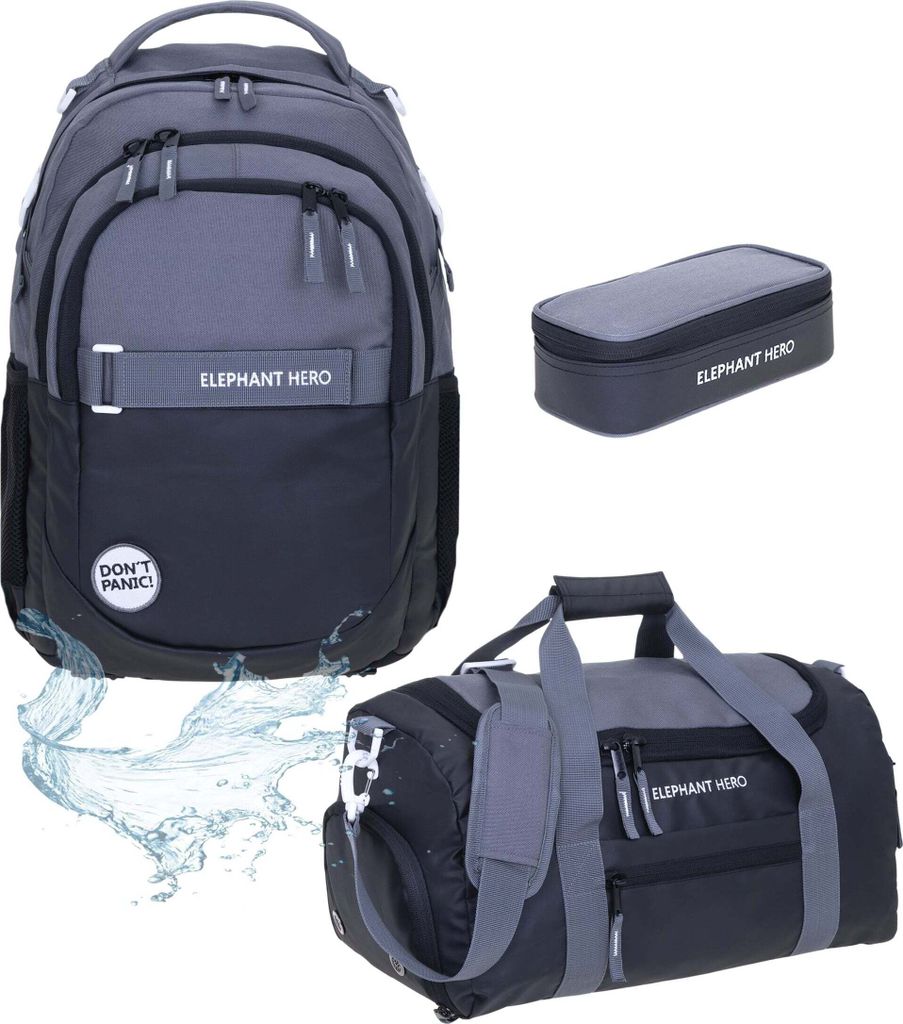 Schulrucksack Jungen 3 Teile Set Elephant Hero Signature Rucksack Schultasche Sporttasche Mäppchen Box 13047 Color Block Schwarz Anthrazit rsm