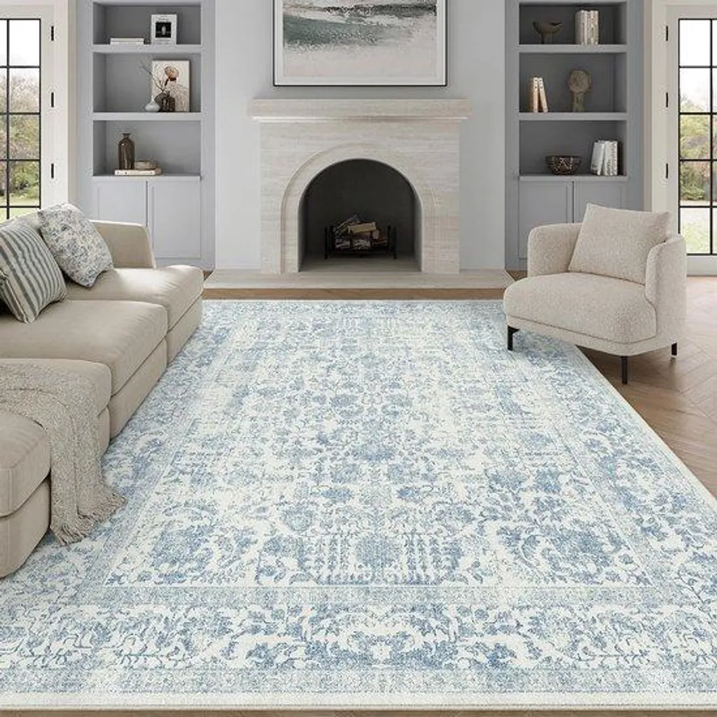 Tapis de salon bleu 240x300 cm pour famille - Style rétro facile à nettoyer