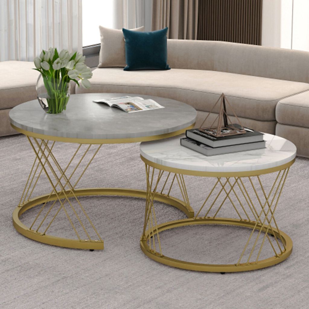 2 Stück Couchtisch, Couchtisch Satz Marmor Furnier Sofa Seite Nest von Tischen Runde Endtische