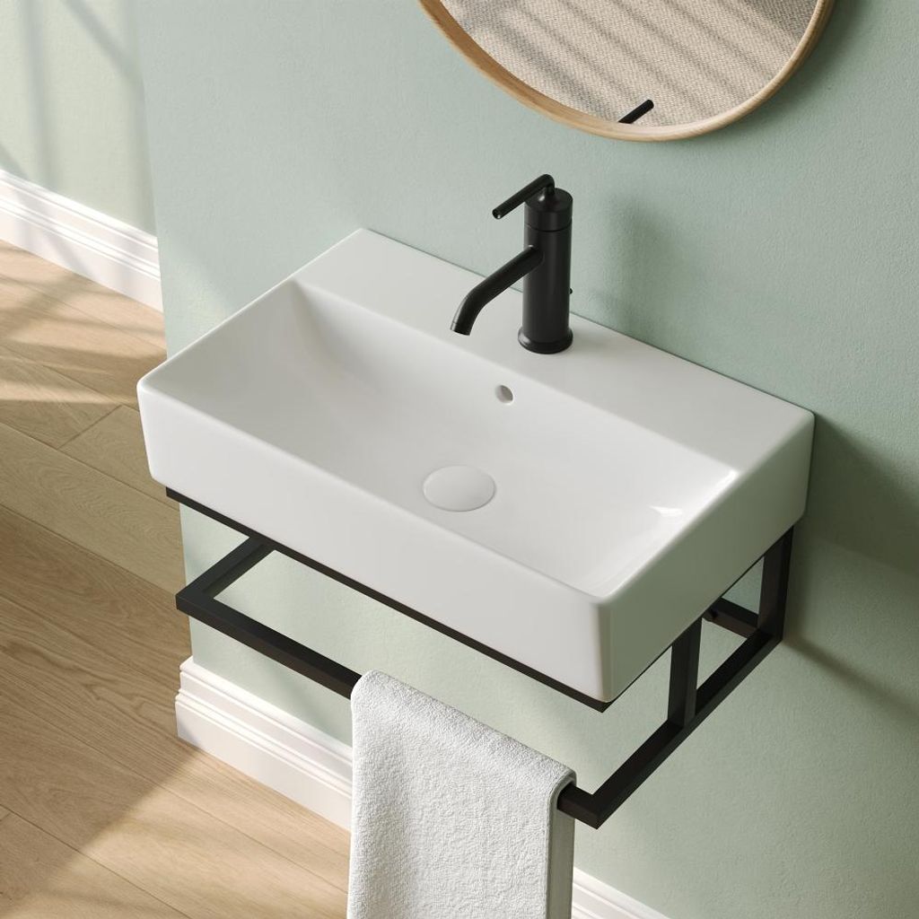 DeerValley Modernes Wand Waschbecken Mit Schwarzem Handtuchhalter – Weißes Keramik Aufsatz Waschbecken Für Gäste WC & Kleines Bad