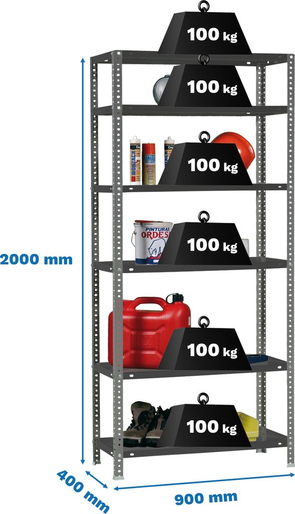 PROREGAL Schraubregal PANDA TALL | HxBxT 200x90x40cm | 6 Fachböden | Fachlast 100kg | Anthrazit