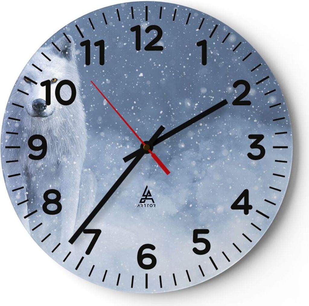 Wanduhr - Rund - Glasuhr - Weiß Wolf Schnee - 30x30cm - Schleichendes Uhrwerk - Lautlos - zum Aufhängen bereit - Dekoration Modern - Wanddekorati...