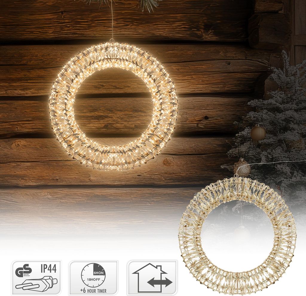 ECD Germany LED Weihnachtskranz, Ø38 cm, mit 480 warmweißen Micro LEDs & Timer, IP44 Wasserabweisend Innen/Außen, 3D Metallkranz