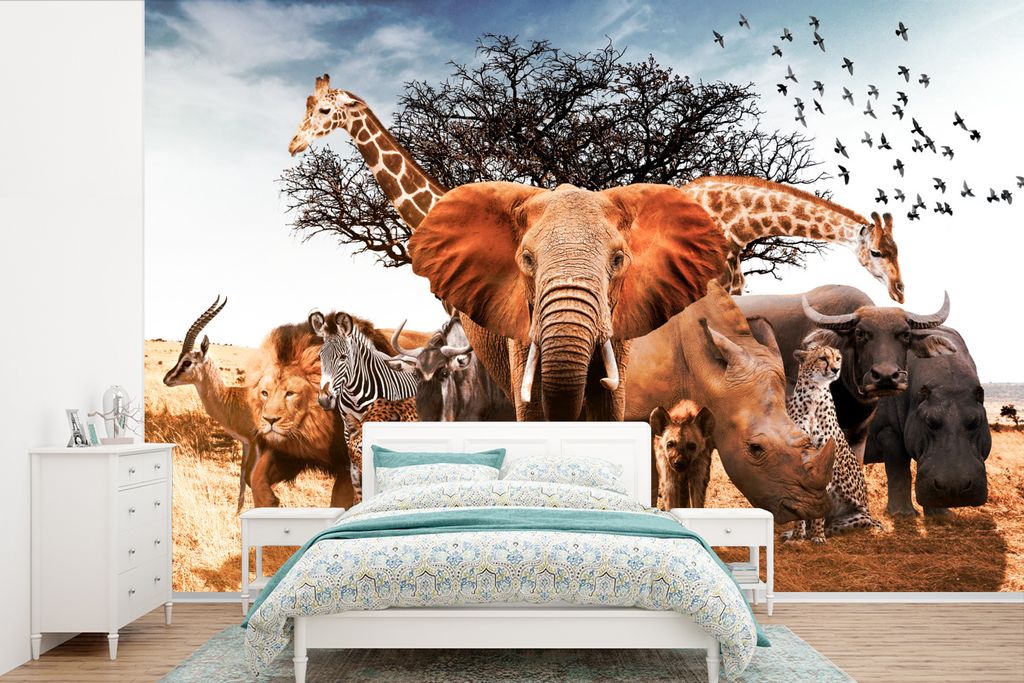 MuchoWow Fototapete für Wohnzimmer oder Schlafzimmer Wandtapete Vinyl Motivtapete Tiere - Giraffe - Elefant - 600x400 cm - Vinyltapeten