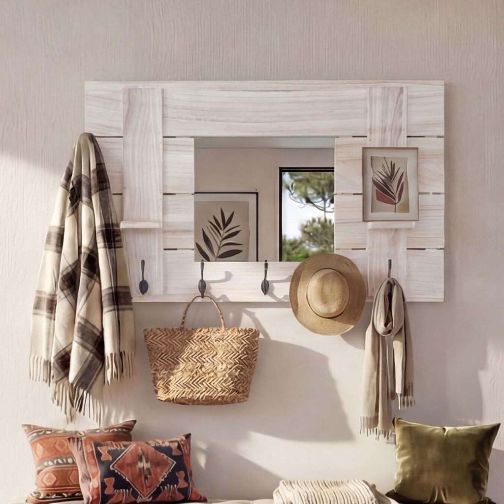 Wandgarderobe MCW-C89 mit Spiegel, Garderobenpaneel Garderobe, Shabby-Look Vintage, 5 Haken 90x60cm naturbraun