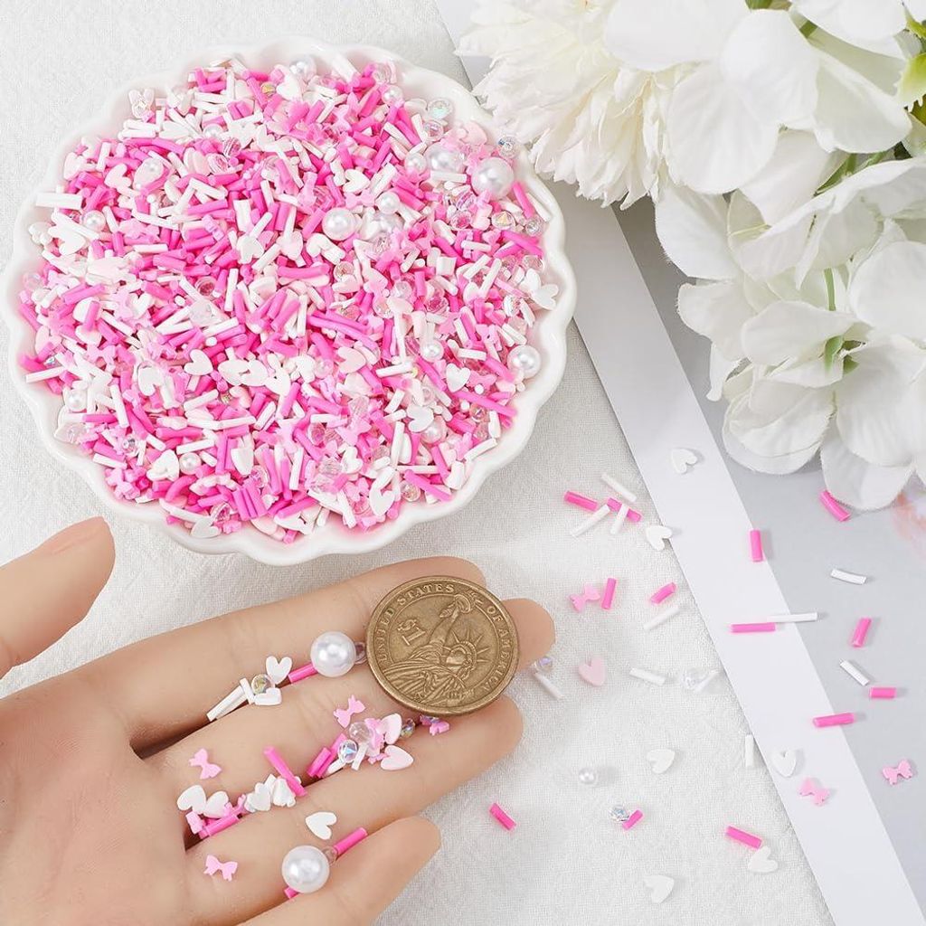110G 8 Sets Valentinstag Streudekor - Polymer Clay Scheiben Bulk - Rosa Perlen Herz Faux Candy Zucker Dekoration Craft Sprinkle für Nail Art Kuche...