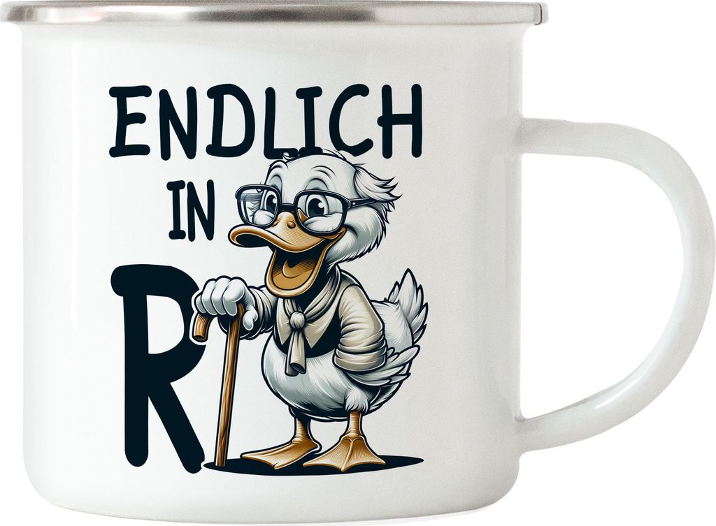 Endlich in Rente Emaille Tasse - Rente Abschiedsgeschenk Kollege Lustig