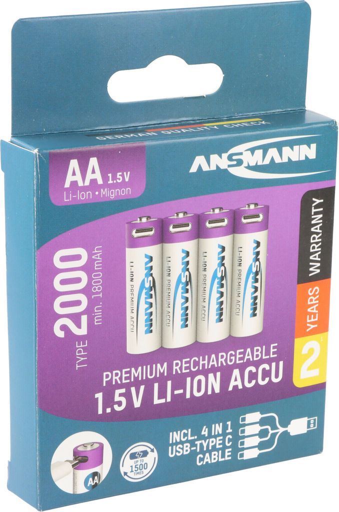 Ansmann Mignon AA 1,5V Lithium-Ionen Akkus, min. 1800mAh typ. 2000mAh, inkl. 4in1 USB-C Ladekabel, 4er Papierblister