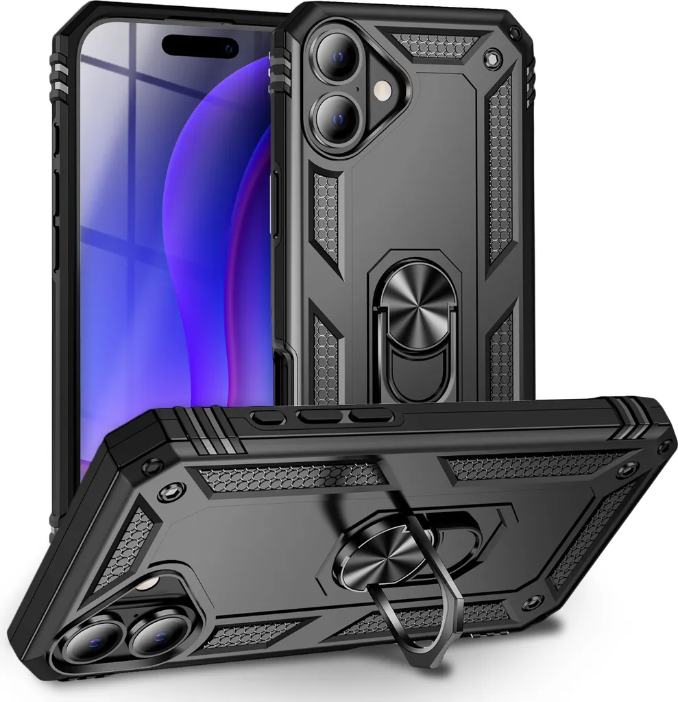 Custodia iPhone 17 Nero Vulcano RingDefend - Stile Militare 360°