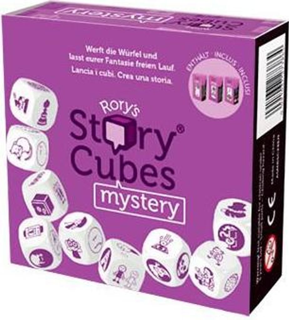 A product shot of the Rory's Story Cubes Mystery game box, with several dice displayed in front of it.