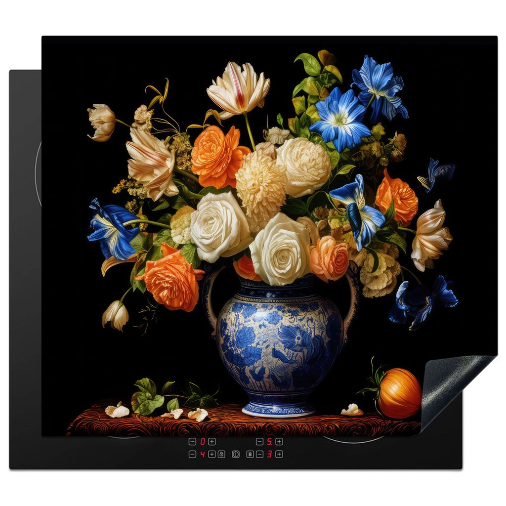 KitchenYeah Herdabdeckplatte Blumen - Vase - Stilleben - Niederländisch - Orange , 59x51cm, Küche Deko, Glaskeramikkochfeld Herdabdeckung, Abde...