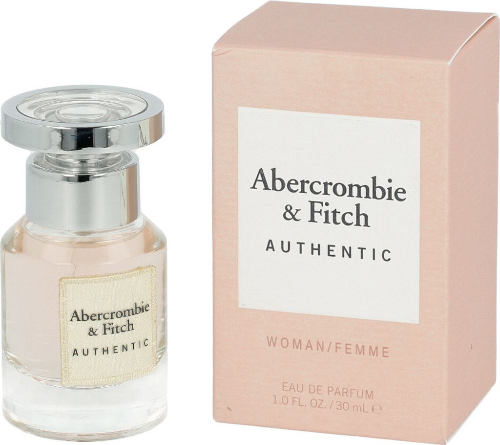 A bottle of Abercrombie & Fitch Authentic Woman Eau de Parfum and its packaging are shown side-by-side against a white background.