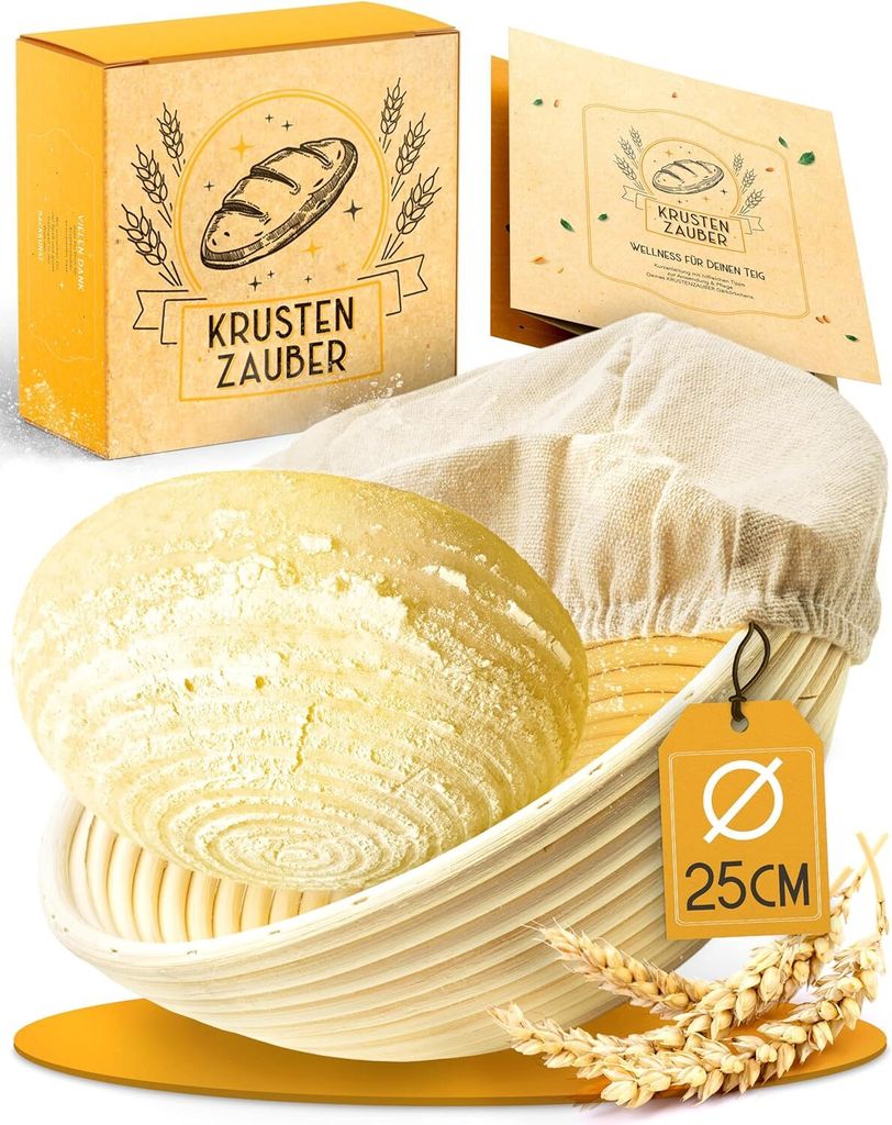 KRUSTENZAUBER Gärkorb zum Brotbacken rund 25cm - Rundes Gärkörbchen aus Rattan mit Gärtuch - Brot Backen Zubehör, Brotkorb, Brotbackform