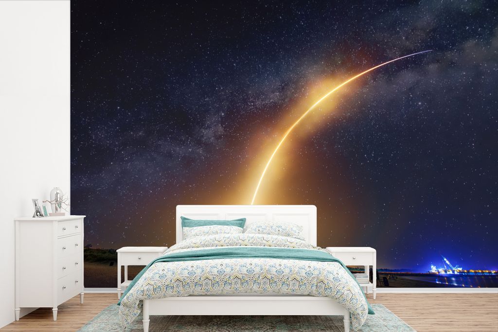 MuchoWow Fototapete für Wohnzimmer oder Schlafzimmer Wandtapete Vinyl Motivtapete Raketenstart in der Nacht - 420x280 cm - Zimmer für Kinder