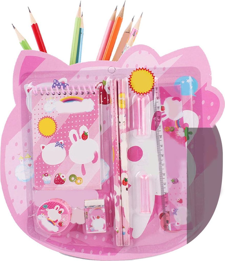 Cartoon Stationary Set Leichtes tragbares Bleistift -Radiergummi -Lineal -Notizbuch für Kinder Roseate