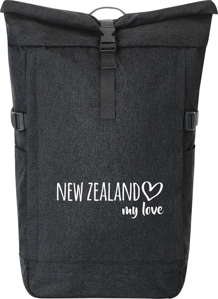 Huuraa Kurierrucksack New Zealand my love 30-44 Liter Black Melange Fairtrade Rolltop Rucksack Geschenkidee