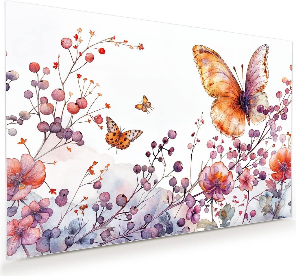 Glasbild 60x40cm in XXL für Wohnzimmer, Schlafzimmer Motiv Blumen und Schmetterlinge