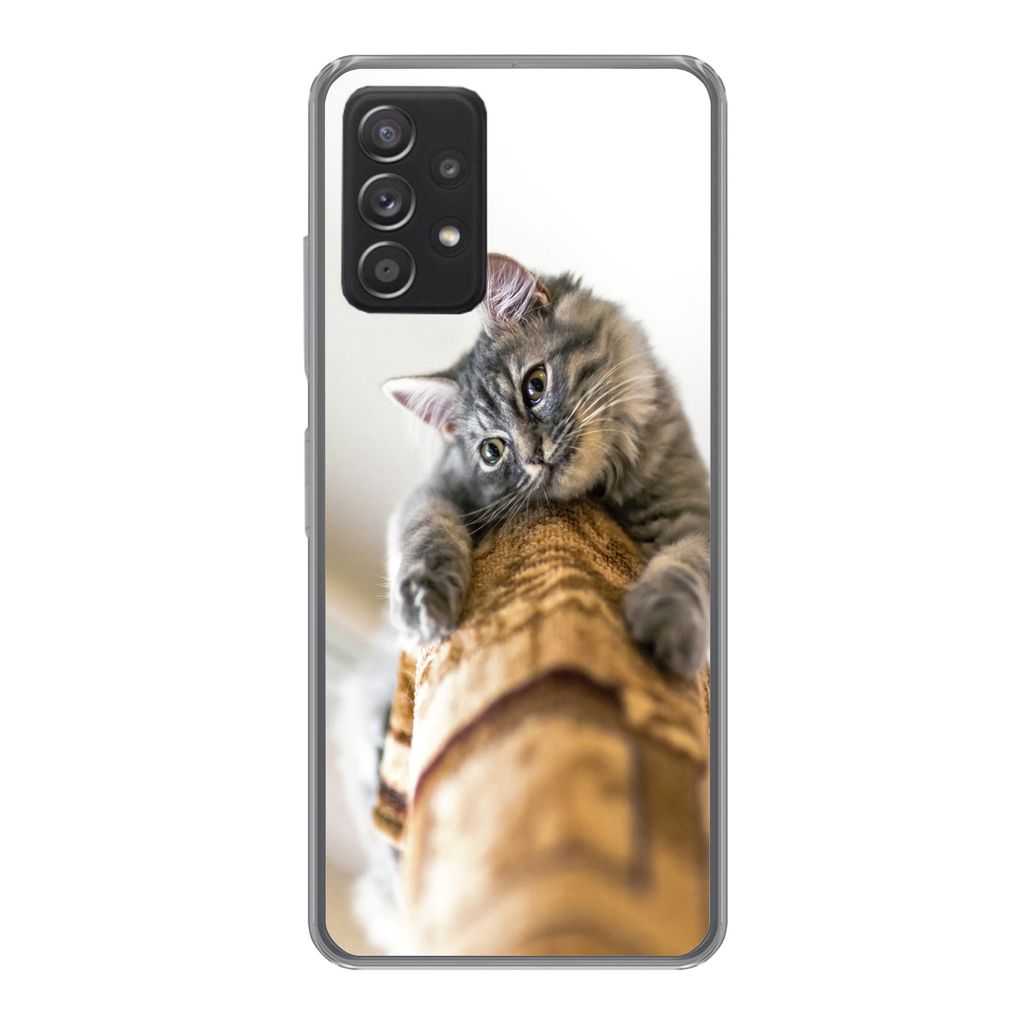 MuchoWow Handyhülle Schutzhülle Hülle für Samsung Galaxy A33 5G Katze - Kratzbaum - Grau Silikon Softcase Handy Hülle - Kartenhalter