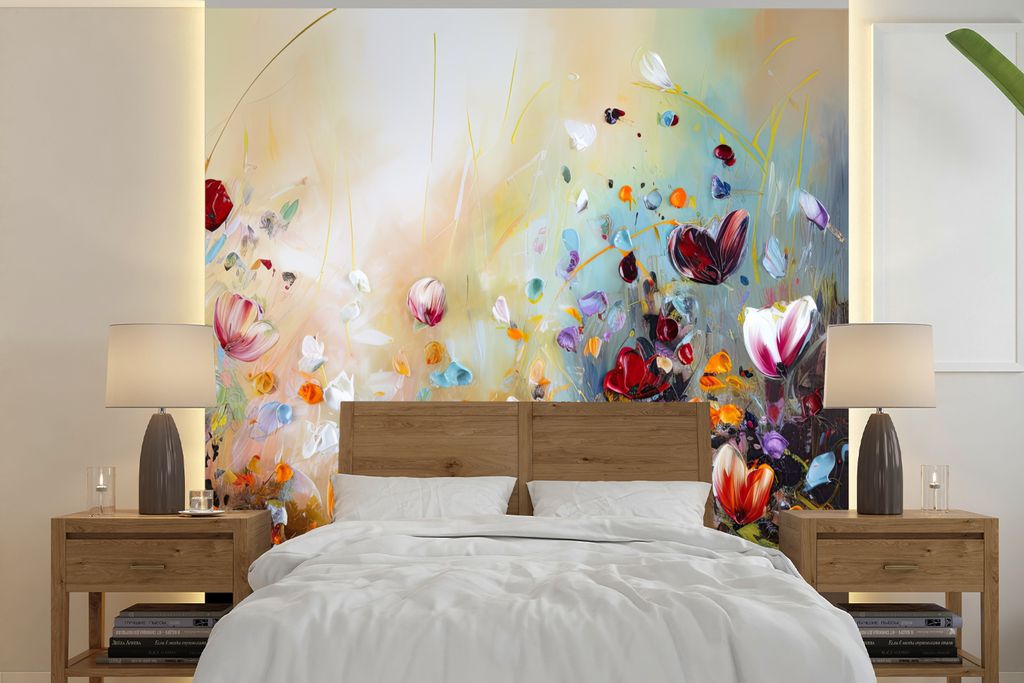 MuchoWow Fototapete für Wohnzimmer oder Schlafzimmer Wandtapete Vinyl Motivtapete Ölfarben - Blumen - Farbenfroh - Natur - 220x220 cm - Tapeten