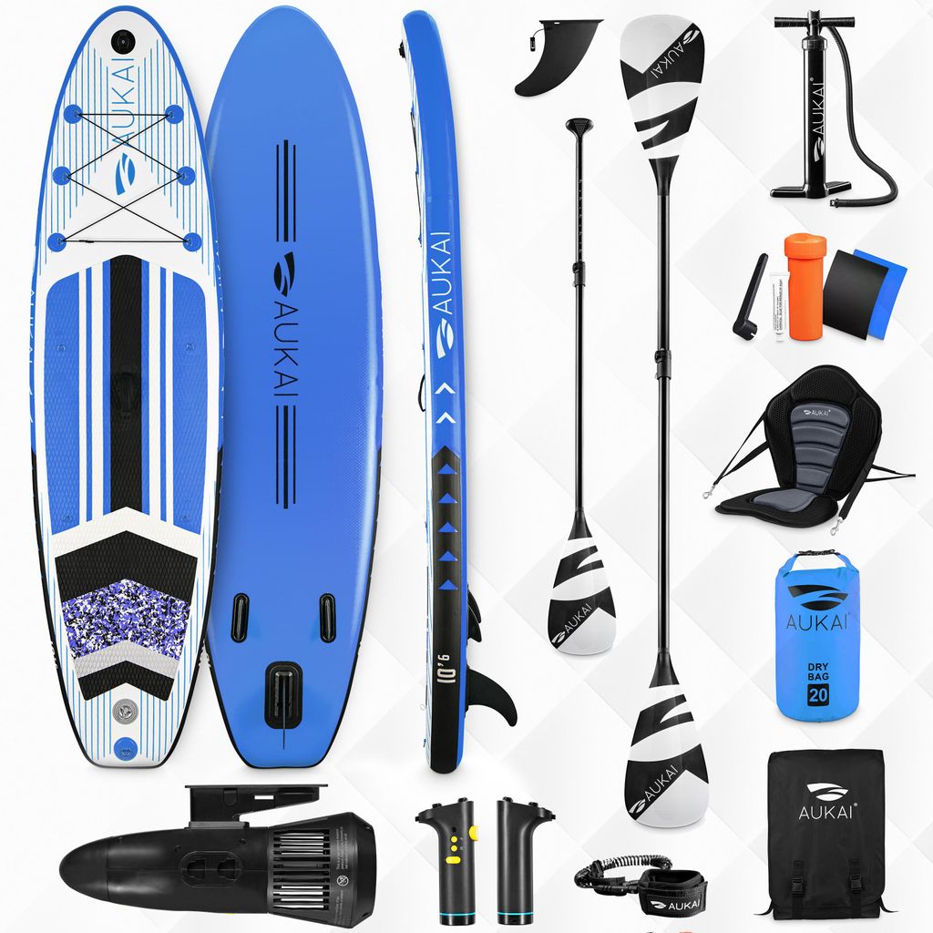 Stand Up Paddle Board 320cm mit Elektromotor & Kajak Sitz, Paddel und Doppelpaddel SUP Surfboard aufblasbar Surfbrett Paddelboard - Pro blau