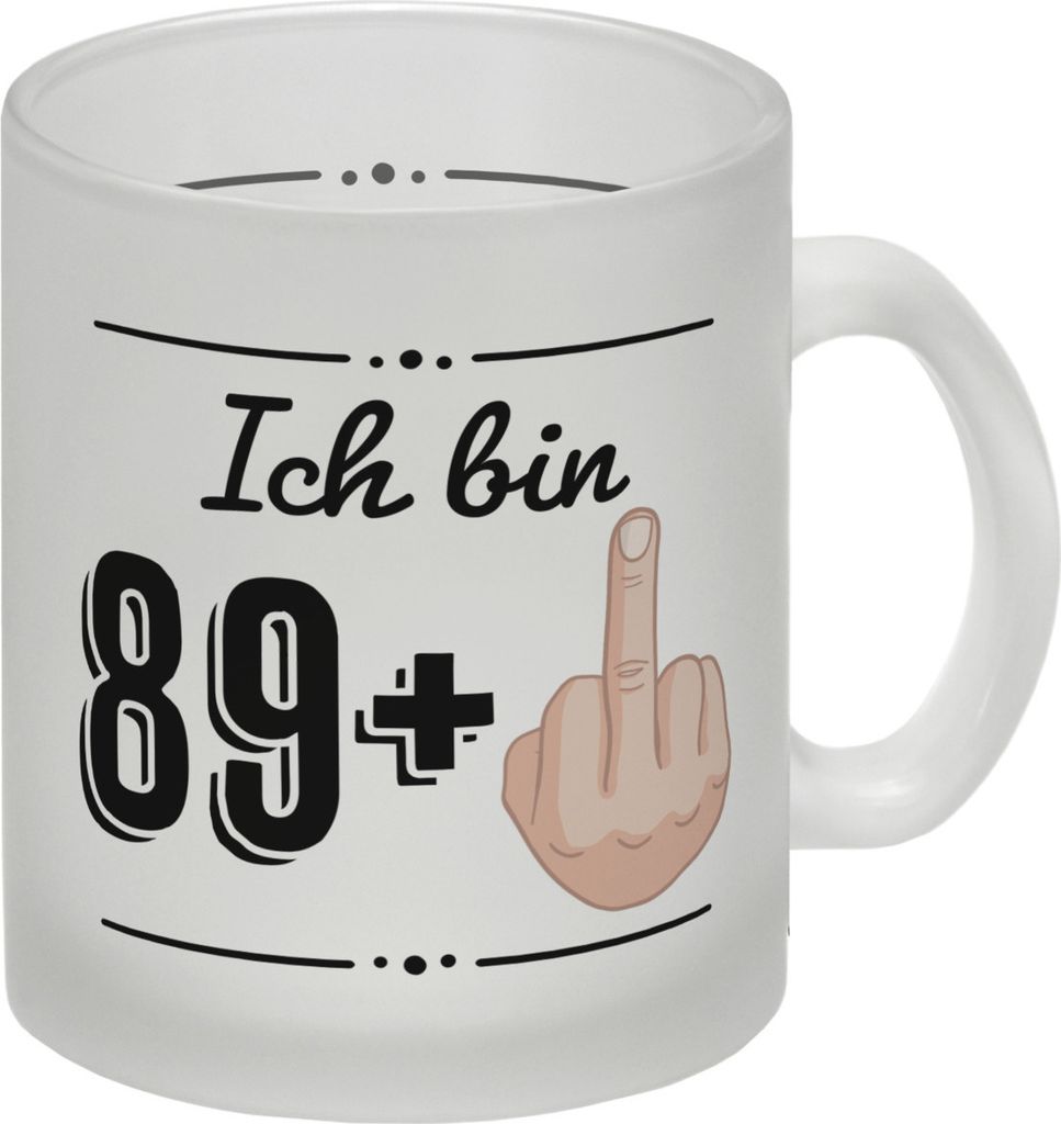 Witziger Glas Tasse für den 90. Geburtstag mit Motiv: Mittelfinger