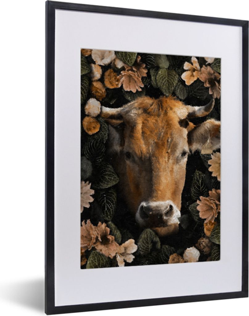 MuchoWow MuchoWow Gerahmtes Poster Kuh - Blumen - Tiere - Horn 30x40 cm - Poster mit zchwarzem Bilderrahmen - Wandposter Schlafzimmer