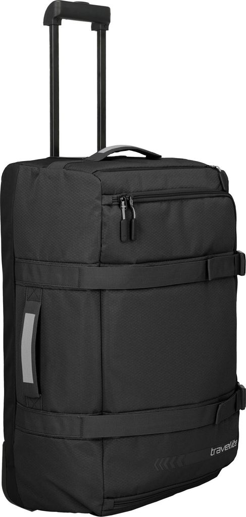 A black rolling travel bag with its handle extended.