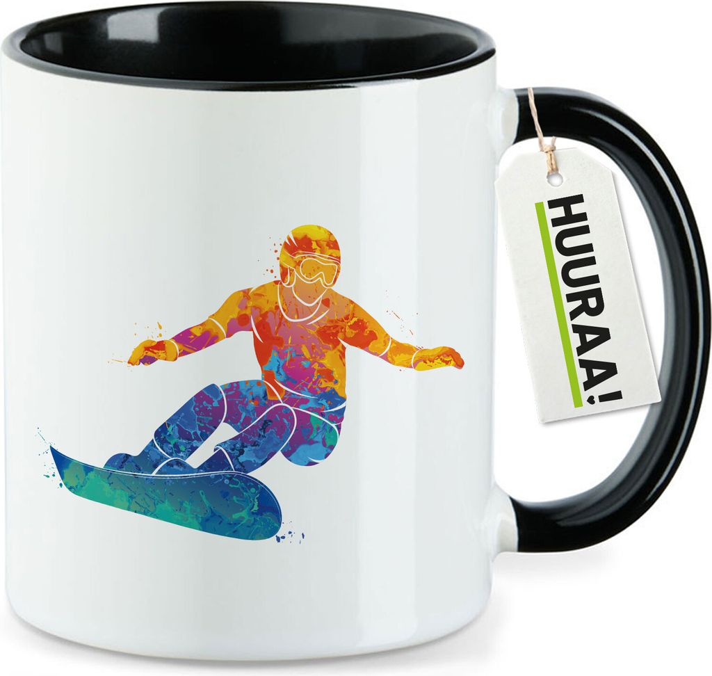 Huuraa Kaffeetasse Snowboarden bunte Silhouette 330ml Schwarz Keramik Kaffeebecher Geschenkidee