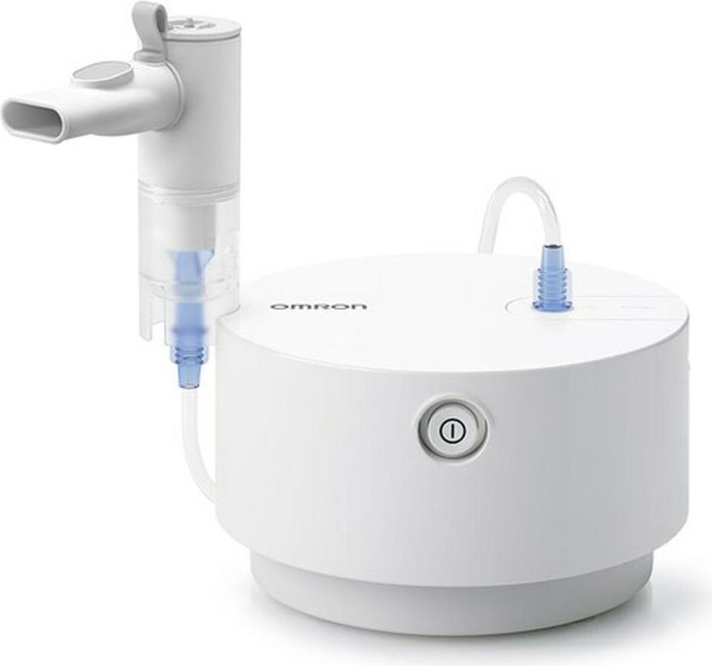 A white Omron compressor nebulizer is shown against a white background.