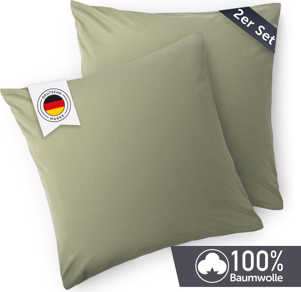Blumtal Kissenbezug 80x80 cm (2er Set Kissenbezüge) - Grün - 100% Baumwoll-Jersey mit Reißverschluss
