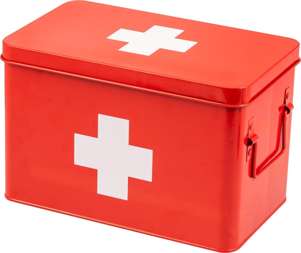 eluno große Medizinbox, Erste-Hilfe-Kasten mit herausnehmbarem Tablett und 5 Fächern, aus Metall in Rot