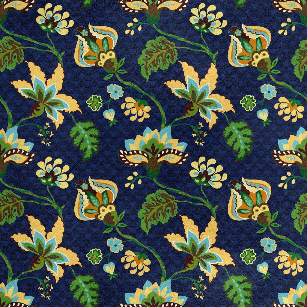 Royal Samt Stoff Polyester Zum Nähen - Motiv Fantasy-Blumen auf blauem