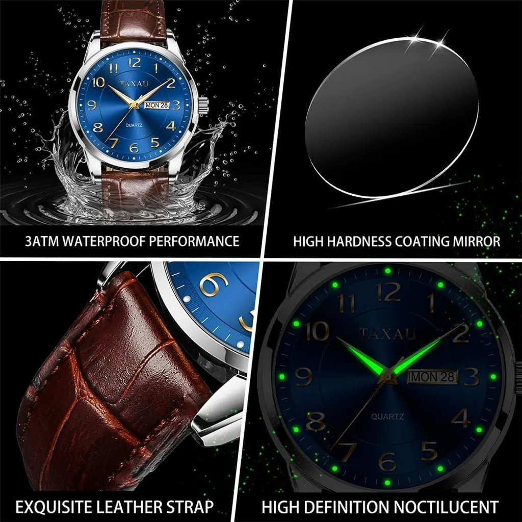 Orologio da Polso Uomo Elegante | Cinturino Pelle Day-Date Waterproof - 5