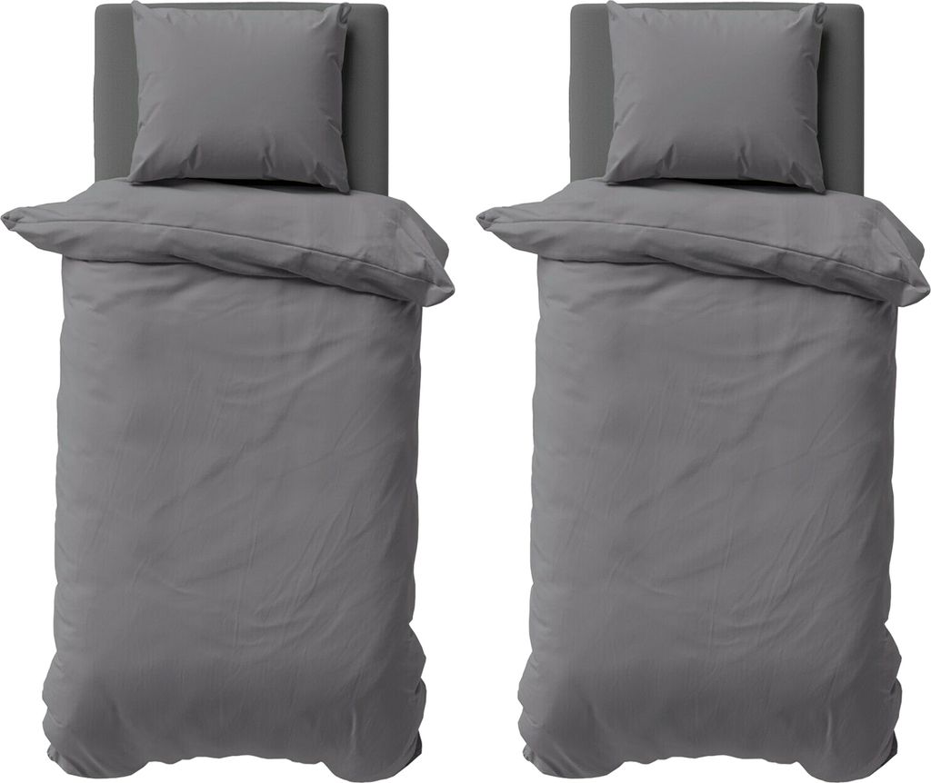 Two identical twin beds with grey bedding sets, each featuring a duvet and a pillow.