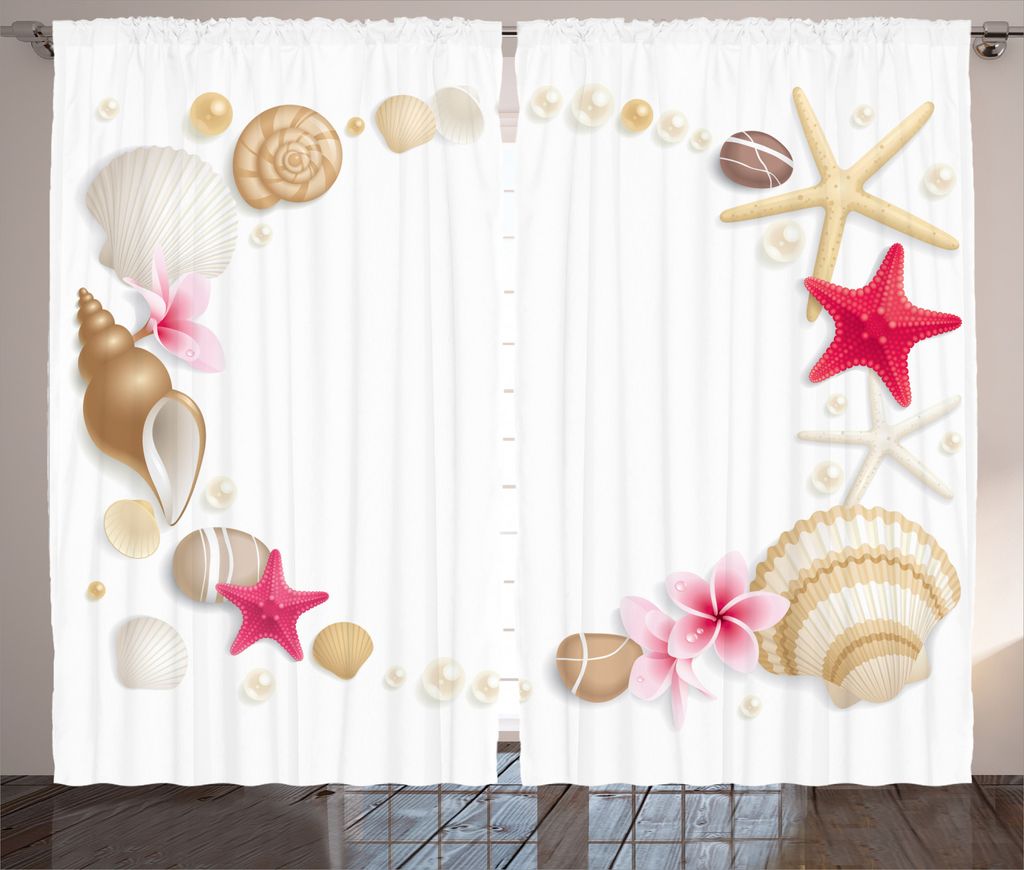 ABAKUHAUS Exotisch Rustikaler Vorhang, Muscheln Blumen-Stern, Wohnzimmer Universalband Gardinen mit Schlaufen und Haken, 280 x 245 cm, Beige
