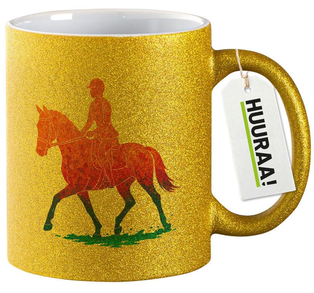 Huuraa Glitzertasse Reiten bunte Silhouette 330ml Gold Keramik Kaffeebecher Geschenkidee