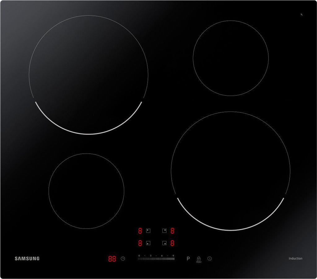 A top-down view of a black Samsung induction cooktop with four heating elements and a control panel.