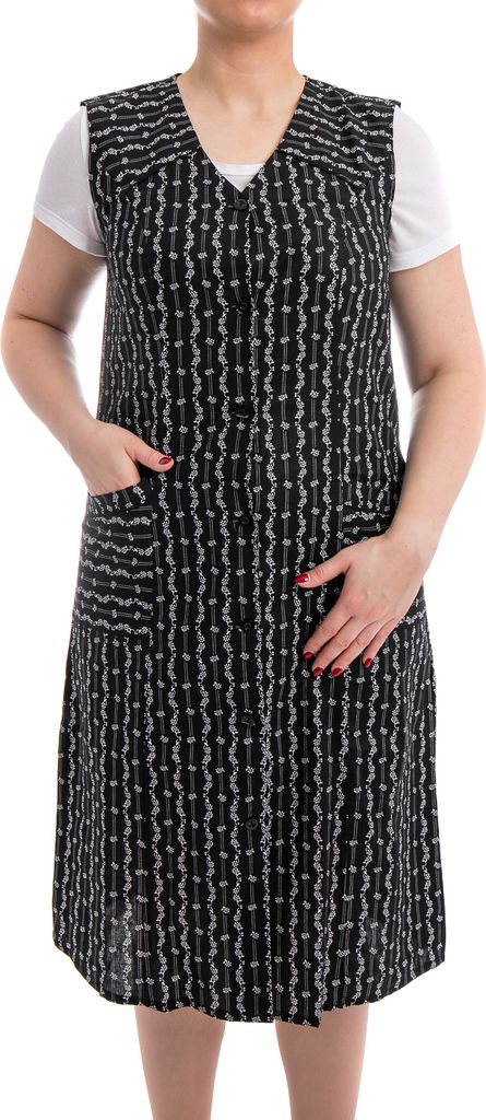 Tobeni Damen Kittelschürze Knopf-Kittel lang in 100% Baumwolle ohne Arm mit Taschen, Farbe:Schwarz - Weiss - Design1, Grösse:54