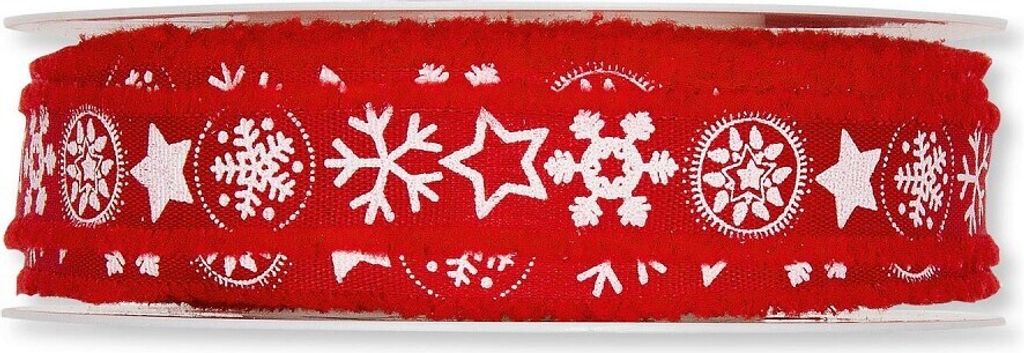 Schleifenband (1m = 0,60EUR) SCHNEESTERNE mit Fransen, rot 18mm, 20m Rolle