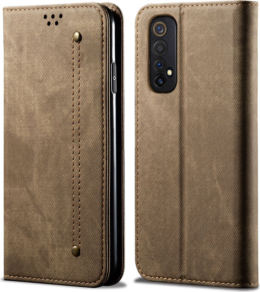 OPPO Realme 7 Hülle, LaimTop Denim Leder Brieftasche Magnetverschluss Flip Bookstyle Schutzhülle mit Standfunktion für OPPO Realme 7 Khaki