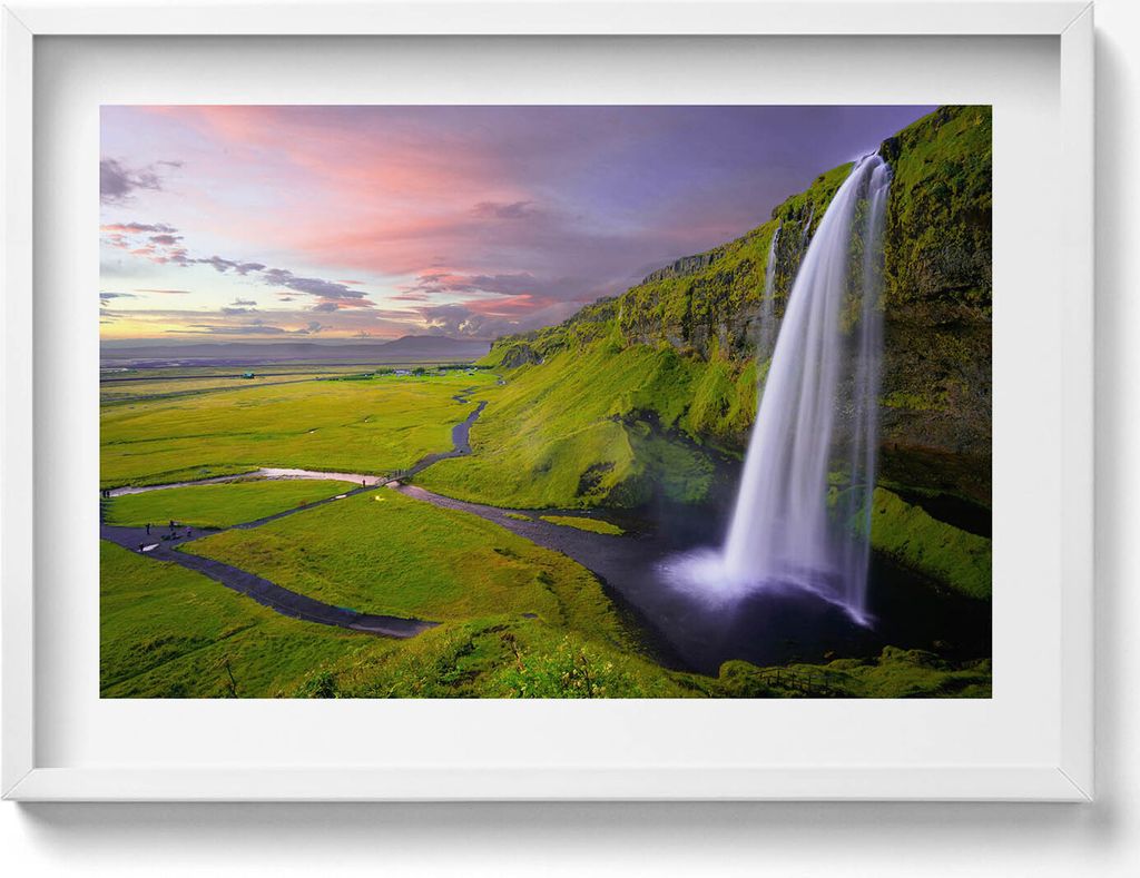Halb- und Wasserfalllandschaft– Wandbild mit Rahmen – Gerahmtes Bild – Wanddekoration – 70x50 cm – Weiß Rahmen